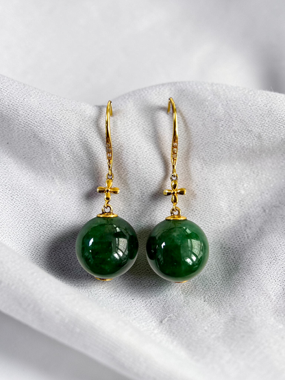 Kiyosu 11.50 mm Dangling Beads Deep Intense Green Burmese A-Jade French Hook Earrings (with 18K Yellow Gold and White Diamonds) - Certified