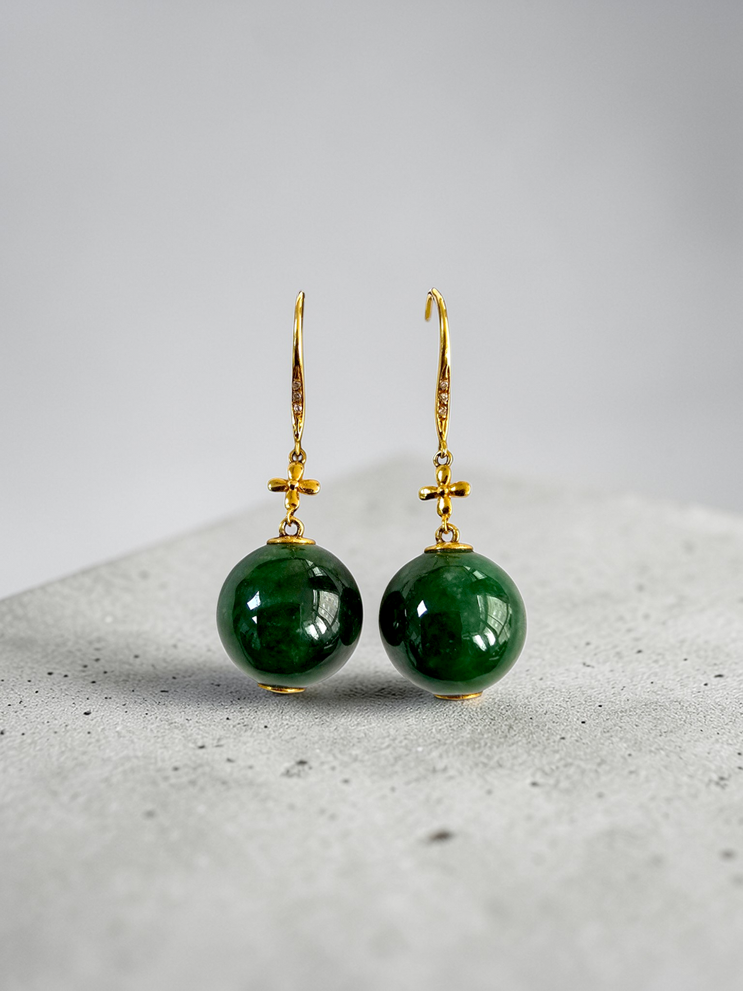 Kiyosu 11.50 mm Dangling Beads Deep Intense Green Burmese A-Jade French Hook Earrings (with 18K Yellow Gold and White Diamonds) - Certified