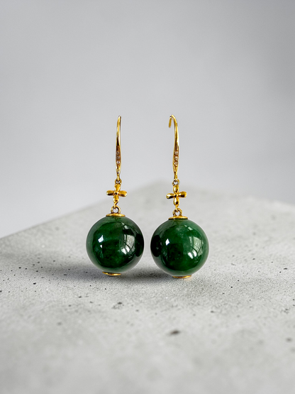Kiyosu 11.50 mm Dangling Beads Deep Intense Green Burmese A-Jade French Hook Earrings (with 18K Yellow Gold and White Diamonds) - Certified