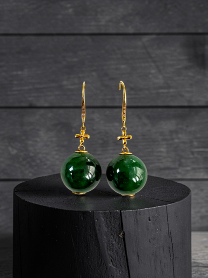Kiyosu 11.50 mm Dangling Beads Deep Intense Green Burmese A-Jade French Hook Earrings (with 18K Yellow Gold and White Diamonds) - Certified