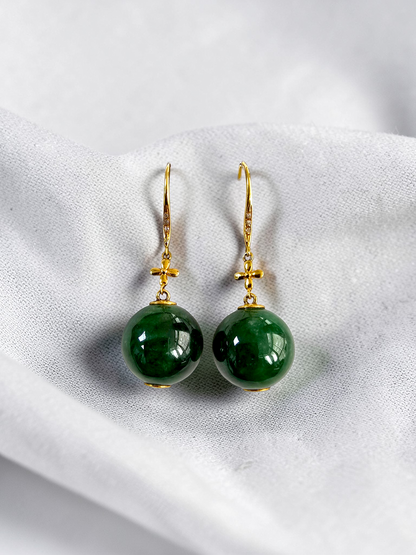 Kiyosu 11.50 mm Dangling Beads Deep Intense Green Burmese A-Jade French Hook Earrings (with 18K Yellow Gold and White Diamonds) - Certified