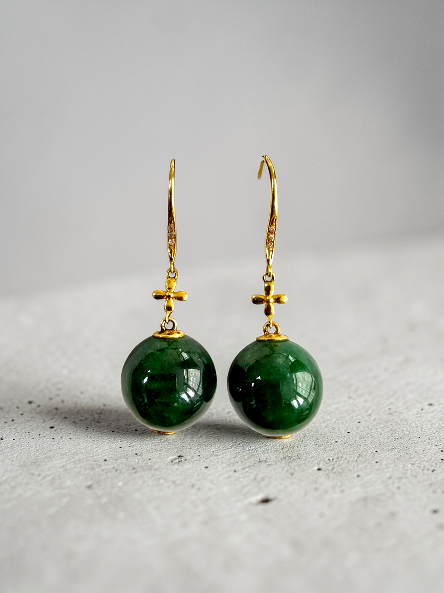 Kiyosu 11.50 mm Dangling Beads Deep Intense Green Burmese A-Jade French Hook Earrings (with 18K Yellow Gold and White Diamonds) - Certified