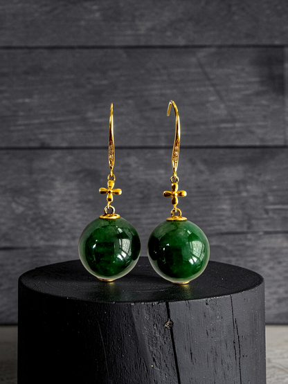 Kiyosu 11.50 mm Dangling Beads Deep Intense Green Burmese A-Jade French Hook Earrings (with 18K Yellow Gold and White Diamonds) - Certified