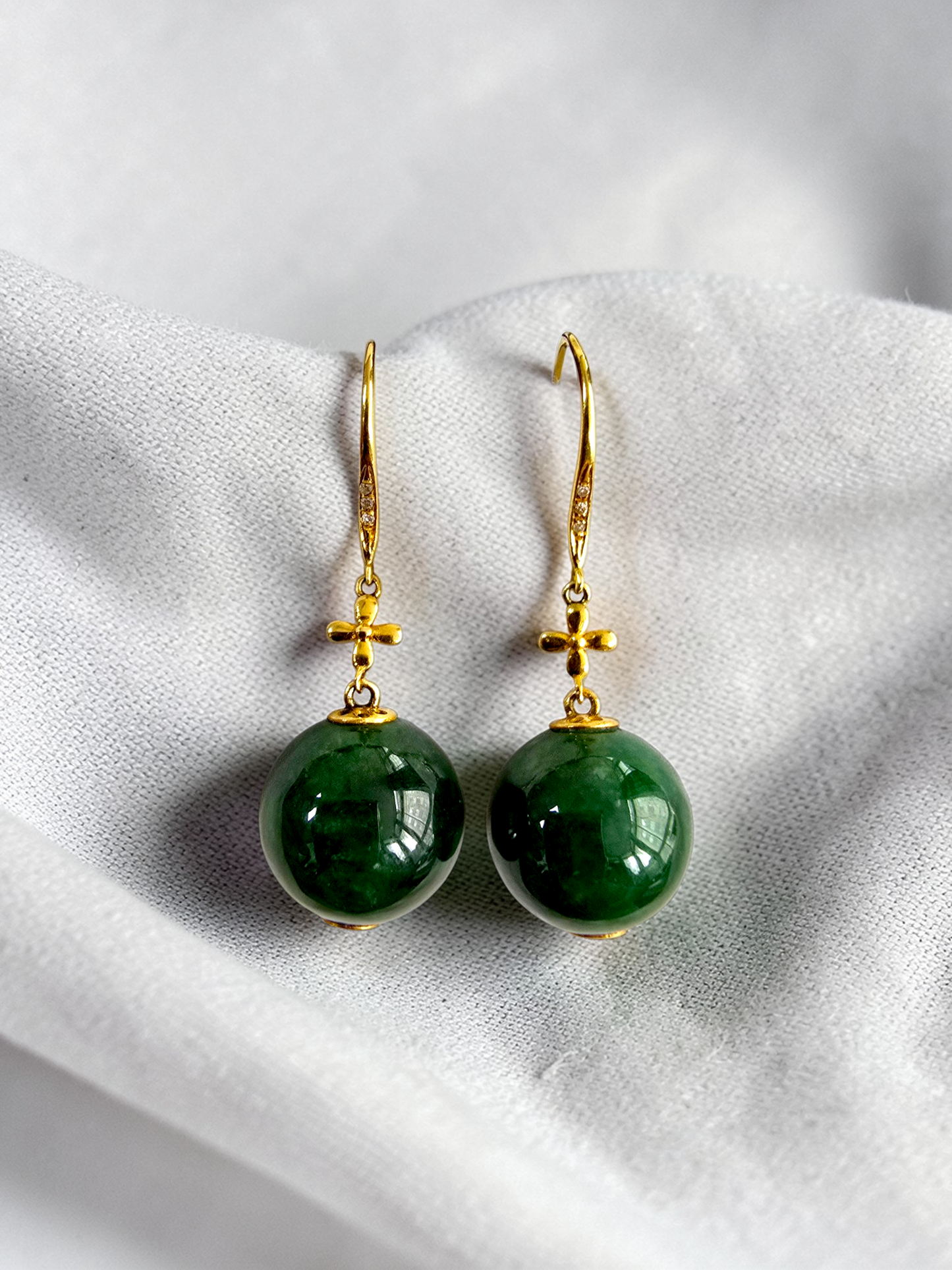Kiyosu 11.50 mm Dangling Beads Deep Intense Green Burmese A-Jade French Hook Earrings (with 18K Yellow Gold and White Diamonds) - Certified