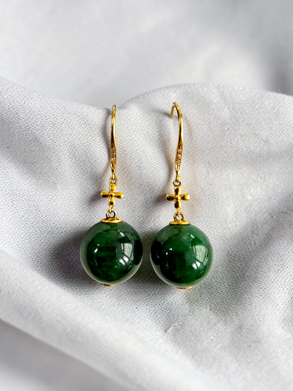 Kiyosu 11.50 mm Dangling Beads Deep Intense Green Burmese A-Jade French Hook Earrings (with 18K Yellow Gold and White Diamonds) - Certified