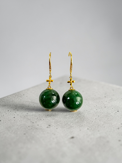 Kiyosu 11.50 mm Dangling Beads Deep Intense Green Burmese A-Jade French Hook Earrings (with 18K Yellow Gold and White Diamonds) - Certified
