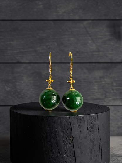 Kiyosu 11.50 mm Dangling Beads Deep Intense Green Burmese A-Jade French Hook Earrings (with 18K Yellow Gold and White Diamonds) - Certified