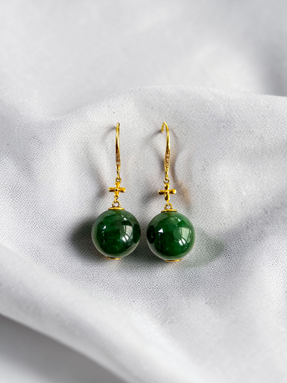 Kiyosu 11.50 mm Dangling Beads Deep Intense Green Burmese A-Jade French Hook Earrings (with 18K Yellow Gold and White Diamonds) - Certified