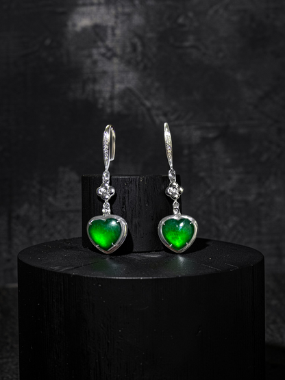 Tokai Dangling Hearts Intense Imperial Green Burmese A-Jade French Hook Earrings (with 18K White Gold and White Diamonds) - Certified