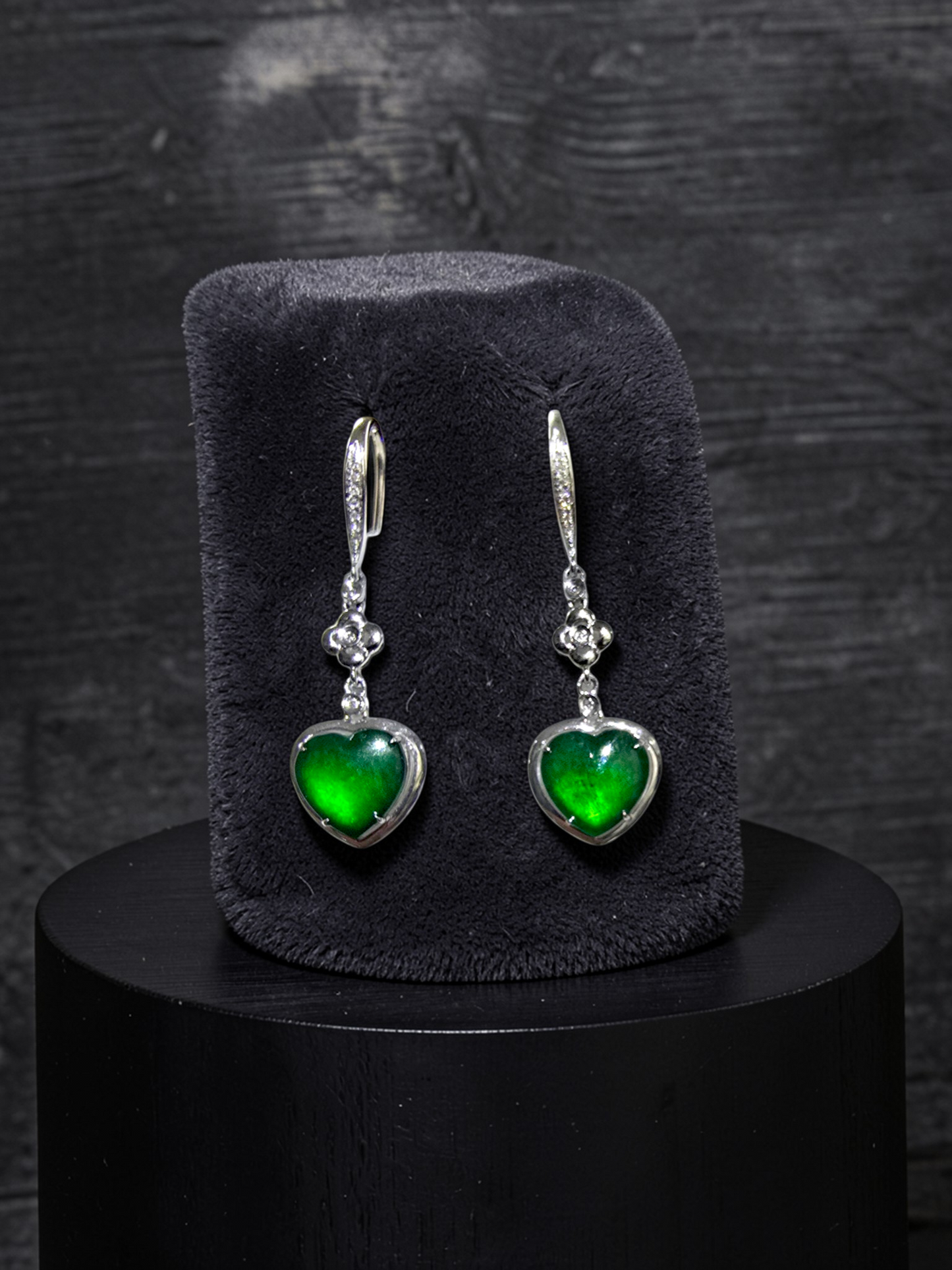 Tokai Dangling Hearts Intense Imperial Green Burmese A-Jade French Hook Earrings (with 18K White Gold and White Diamonds) - Certified