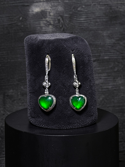 Tokai Dangling Hearts Intense Imperial Green Burmese A-Jade French Hook Earrings (with 18K White Gold and White Diamonds) - Certified