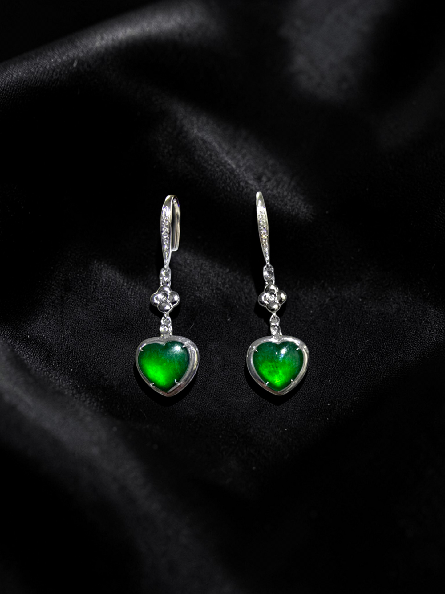 Tokai Dangling Hearts Intense Imperial Green Burmese A-Jade French Hook Earrings (with 18K White Gold and White Diamonds) - Certified