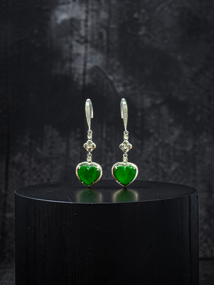 Tokai Dangling Hearts Intense Imperial Green Burmese A-Jade French Hook Earrings (with 18K White Gold and White Diamonds) - Certified
