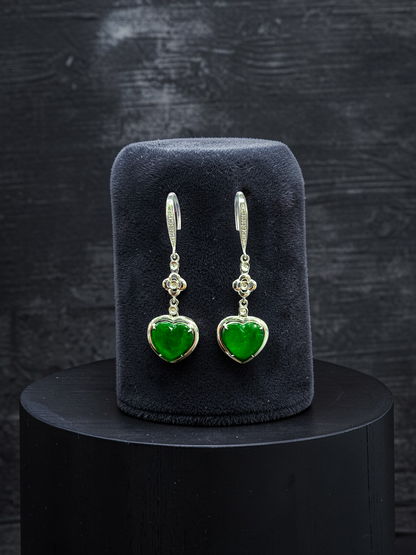 Tokai Dangling Hearts Intense Imperial Green Burmese A-Jade French Hook Earrings (with 18K White Gold and White Diamonds) - Certified