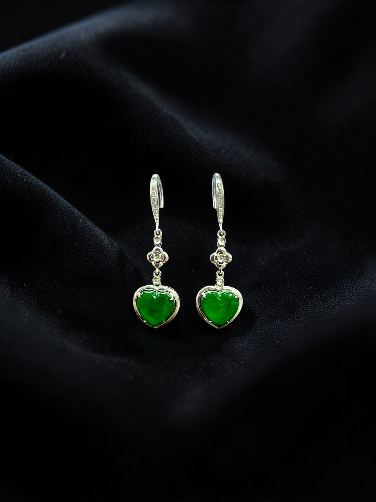 Tokai Dangling Hearts Intense Imperial Green Burmese A-Jade French Hook Earrings (with 18K White Gold and White Diamonds) - Certified