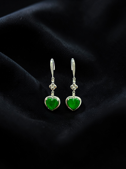 Tokai Dangling Hearts Intense Imperial Green Burmese A-Jade French Hook Earrings (with 18K White Gold and White Diamonds) - Certified