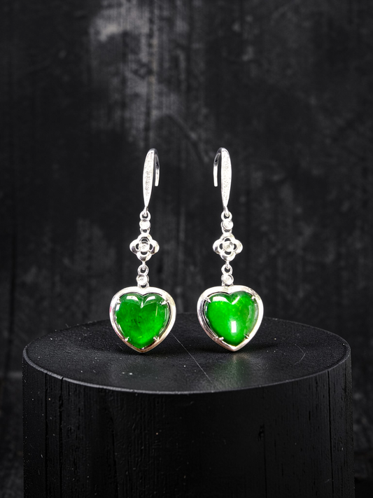 Tokai Dangling Hearts Intense Imperial Green Burmese A-Jade French Hook Earrings (with 18K White Gold and White Diamonds) - Certified