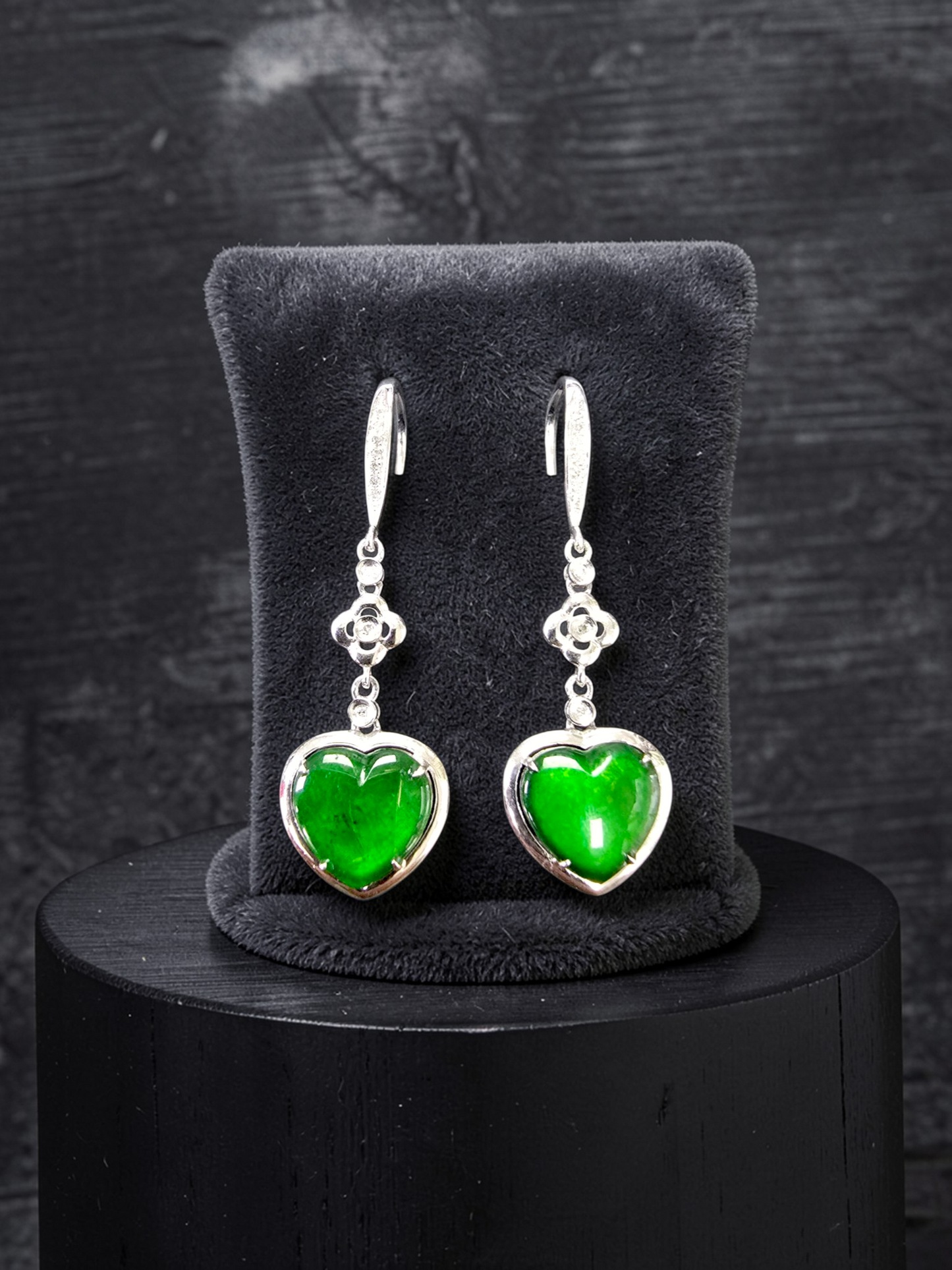 Tokai Dangling Hearts Intense Imperial Green Burmese A-Jade French Hook Earrings (with 18K White Gold and White Diamonds) - Certified