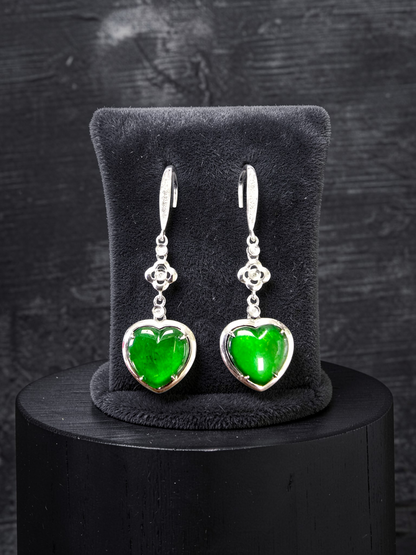 Tokai Dangling Hearts Intense Imperial Green Burmese A-Jade French Hook Earrings (with 18K White Gold and White Diamonds) - Certified
