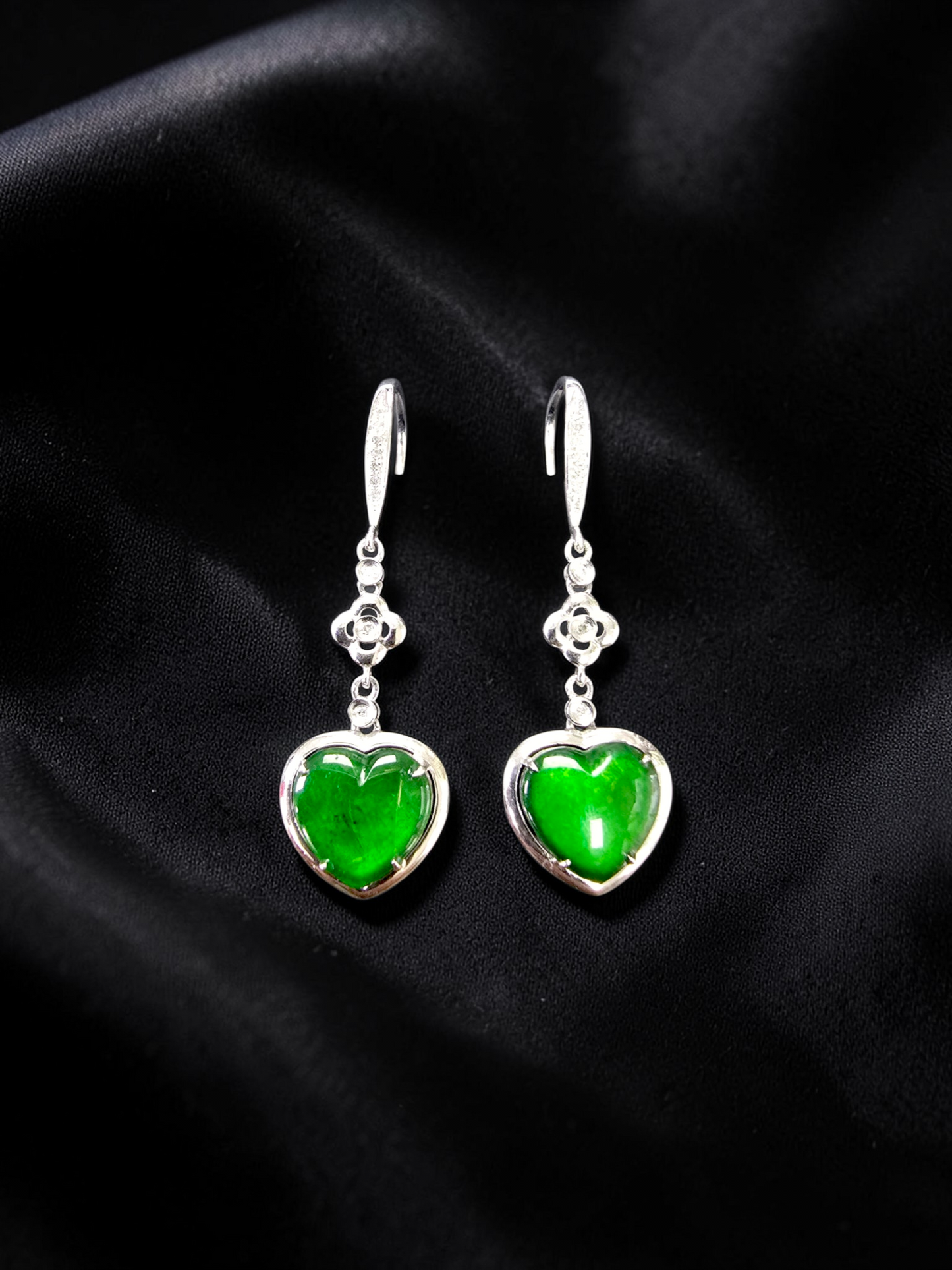 Tokai Dangling Hearts Intense Imperial Green Burmese A-Jade French Hook Earrings (with 18K White Gold and White Diamonds) - Certified