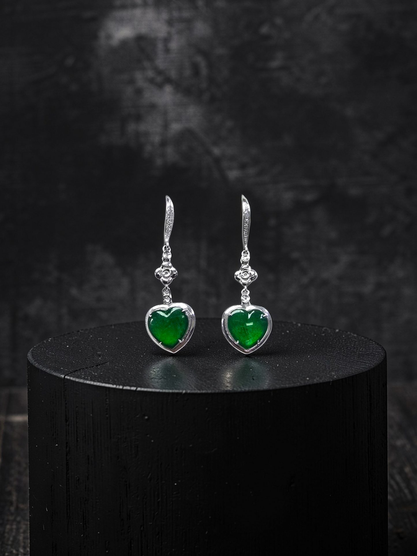 Tokai Dangling Hearts Intense Imperial Green Burmese A-Jade French Hook Earrings (with 18K White Gold and White Diamonds) - Certified