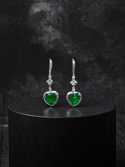 Tokai Dangling Hearts Intense Imperial Green Burmese A-Jade French Hook Earrings (with 18K White Gold and White Diamonds) - Certified