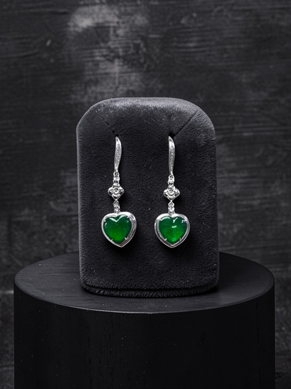 Tokai Dangling Hearts Intense Imperial Green Burmese A-Jade French Hook Earrings (with 18K White Gold and White Diamonds) - Certified