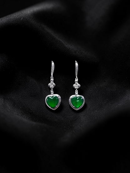 Tokai Dangling Hearts Intense Imperial Green Burmese A-Jade French Hook Earrings (with 18K White Gold and White Diamonds) - Certified