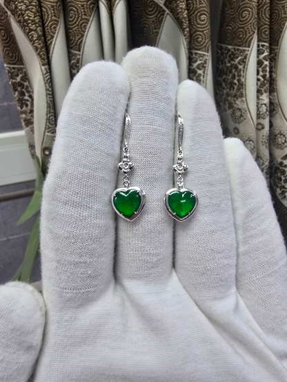 Tokai Dangling Hearts Intense Imperial Green Burmese A-Jade French Hook Earrings (with 18K White Gold and White Diamonds) - Certified