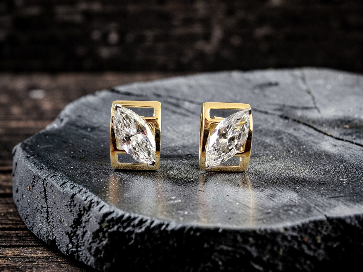 Yatomi Natural Marquise Diamonds (0.80 cts.) D/E SI1 Stud Earrings (with 18K Yellow Gold) - Certified