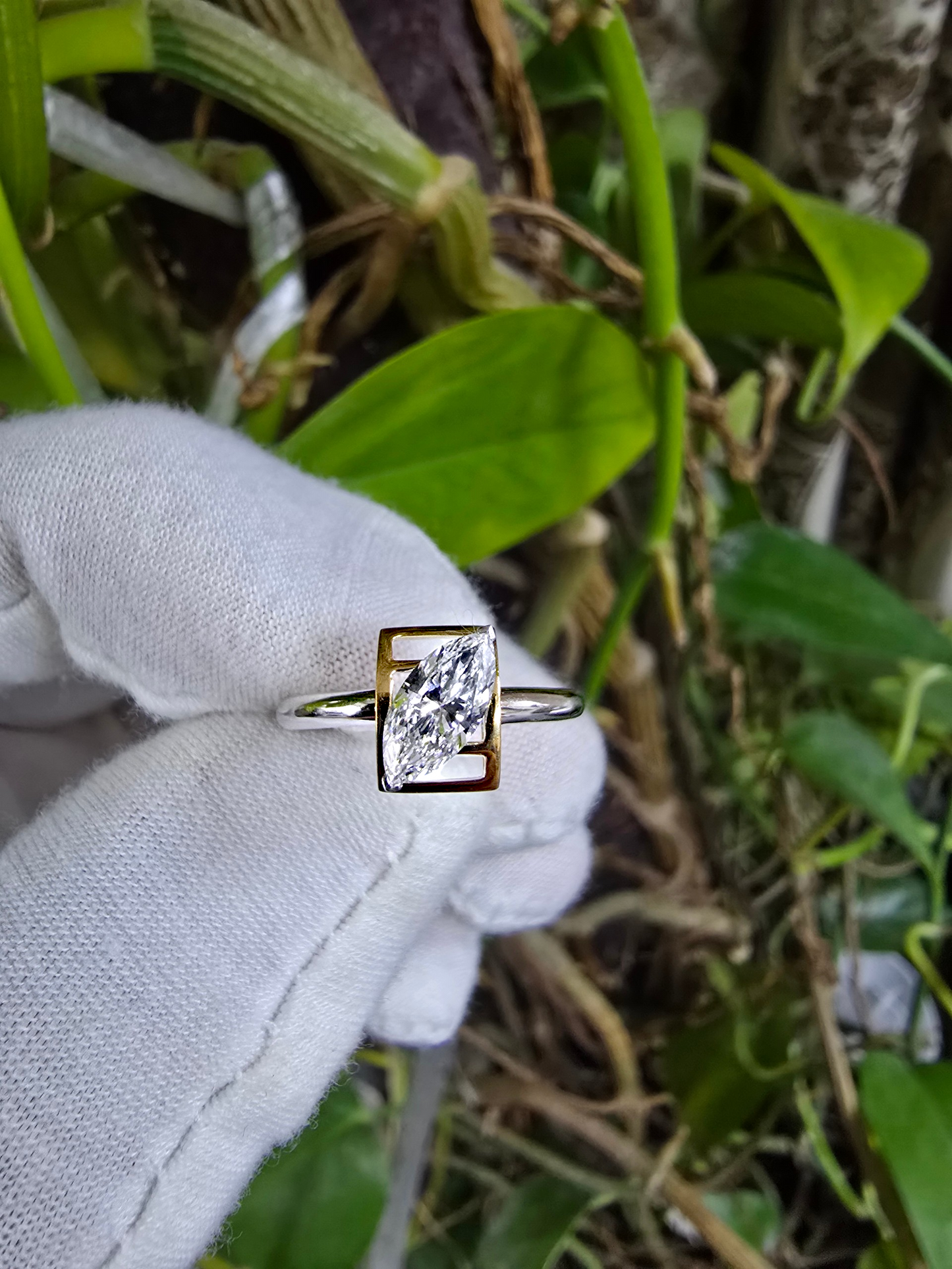 Yatomi Natural Marquise Diamonds (0.58 cts.) D VS1 Statement Ring (with 18K White and Yellow Gold) - Certified - Size US 5.5