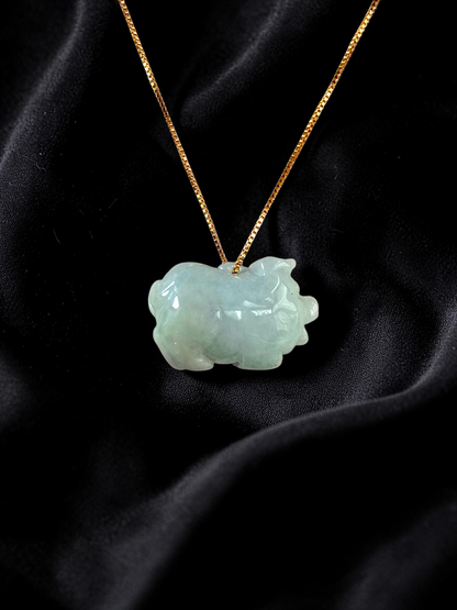 Fortune Fat Pig White-Green Burmese A-Jadeite Charm Pendant