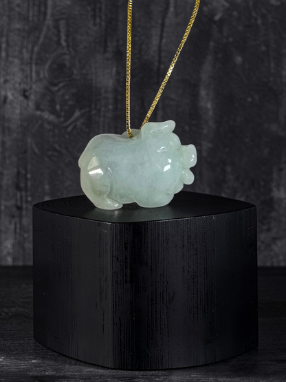 Fortune Fat Pig White-Green Burmese A-Jadeite Charm Pendant