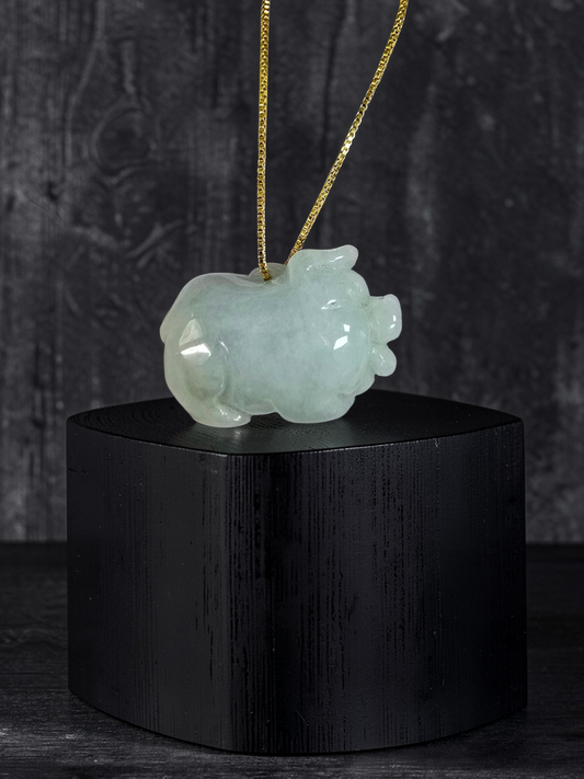 Fortune Fat Pig White-Green Burmese A-Jadeite Charm Pendant