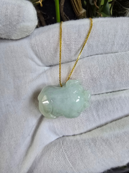 Fortune Fat Pig White-Green Burmese A-Jadeite Charm Pendant