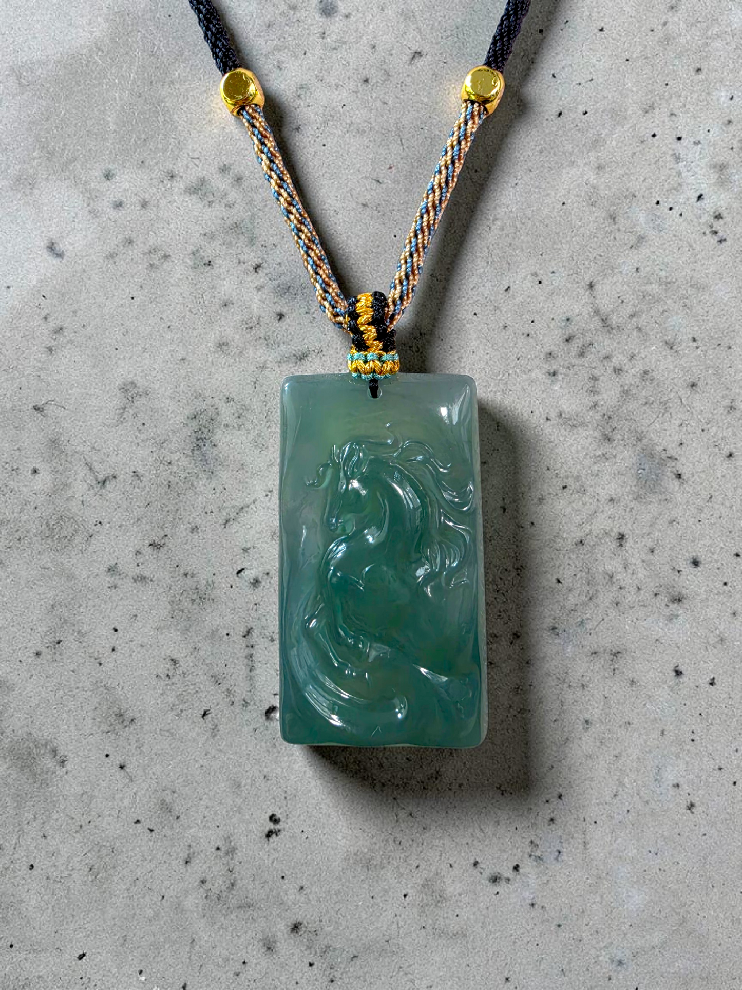 Iwakura Carved Horse Icy Blue Green Burmese A-Jadeite Pendant - Certified