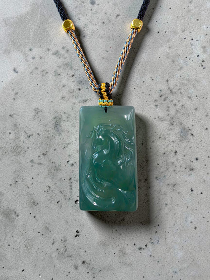 Iwakura Carved Horse Icy Blue Green Burmese A-Jadeite Pendant - Certified