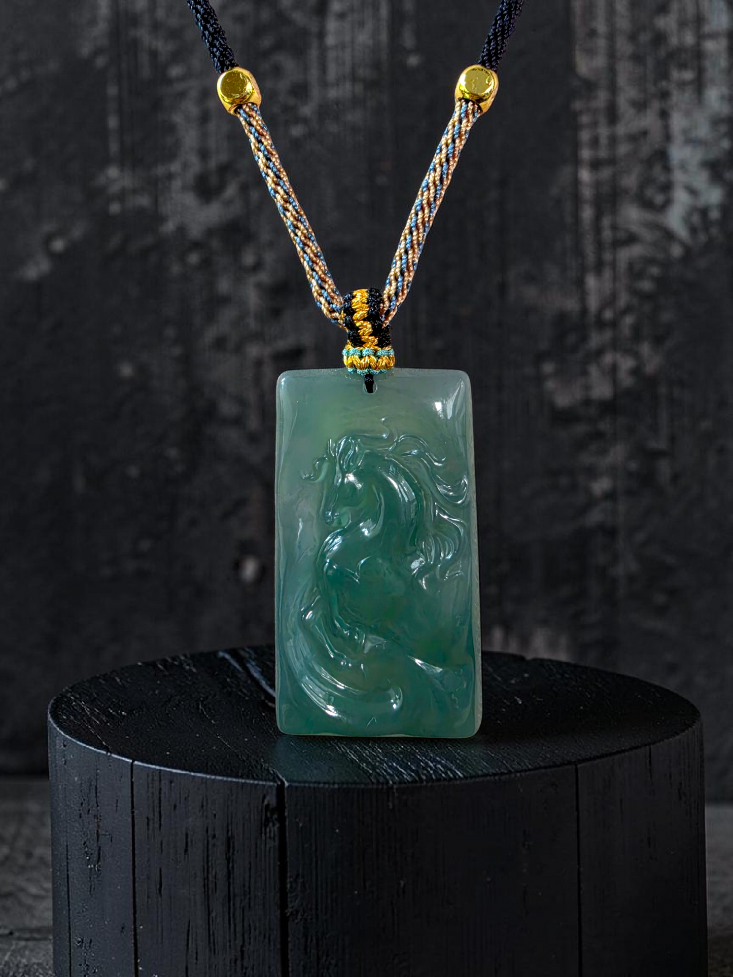 Iwakura Carved Horse Icy Blue Green Burmese A-Jadeite Pendant - Certified