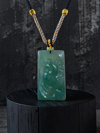 Iwakura Carved Horse Icy Blue Green Burmese A-Jadeite Pendant - Certified