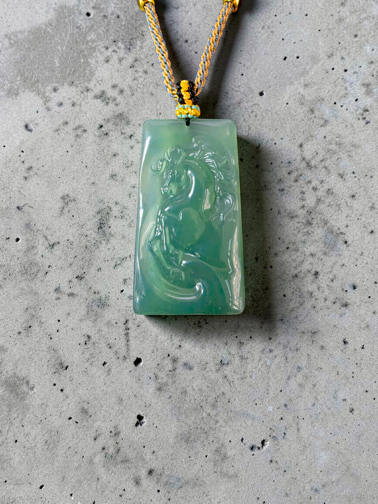 Iwakura Carved Horse Icy Blue Green Burmese A-Jadeite Pendant - Certified
