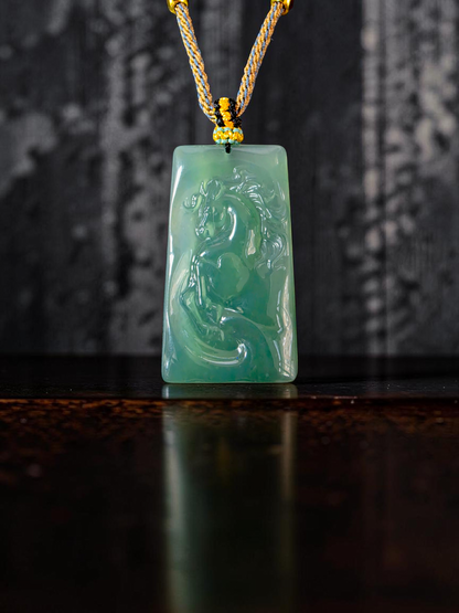 Iwakura Carved Horse Icy Blue Green Burmese A-Jadeite Pendant - Certified