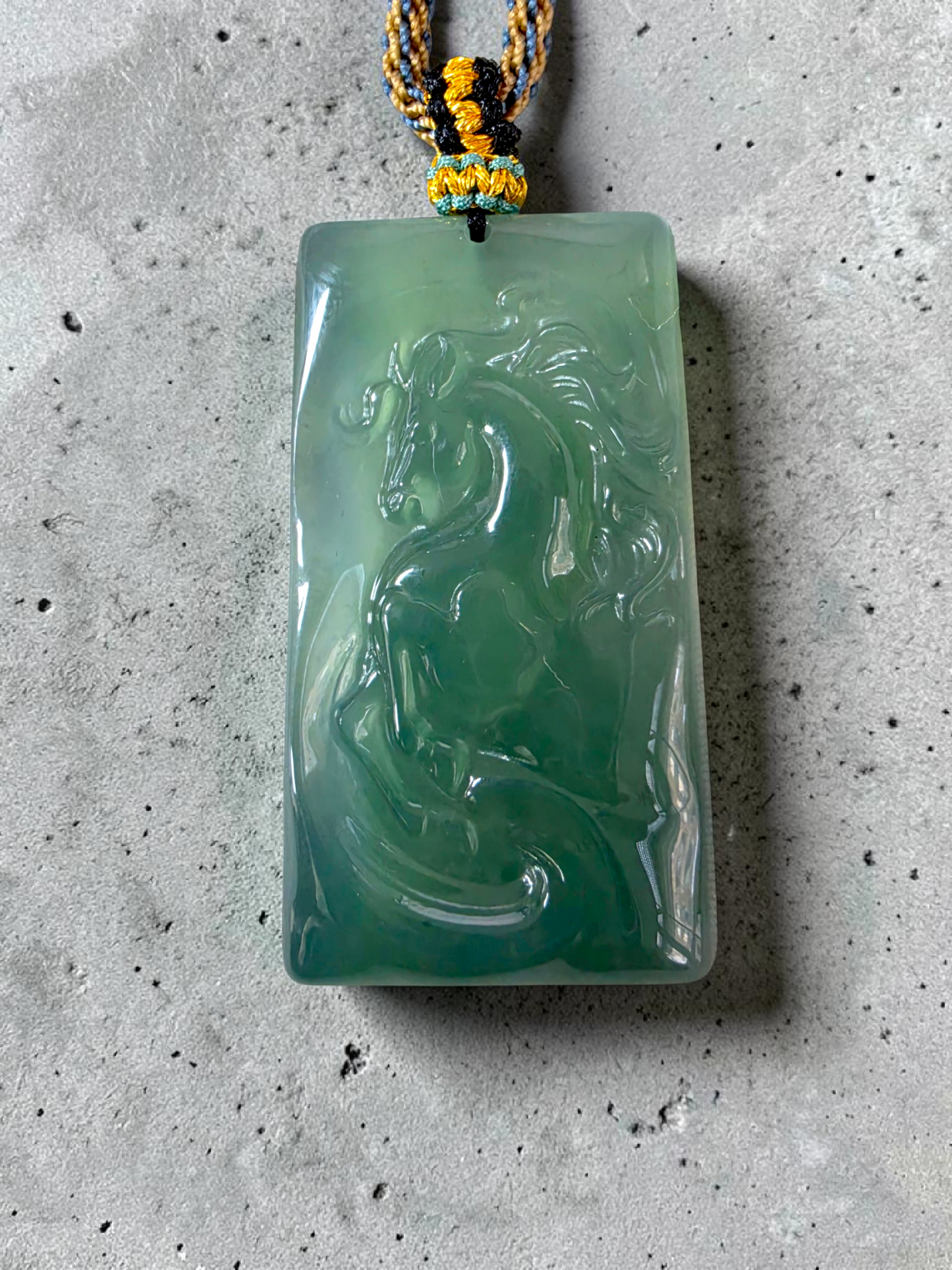 Iwakura Carved Horse Icy Blue Green Burmese A-Jadeite Pendant - Certified