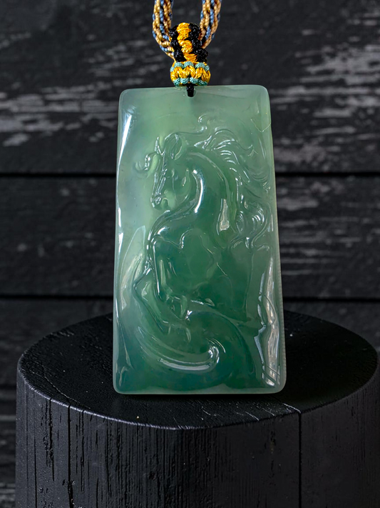Iwakura Carved Horse Icy Blue Green Burmese A-Jadeite Pendant - Certified