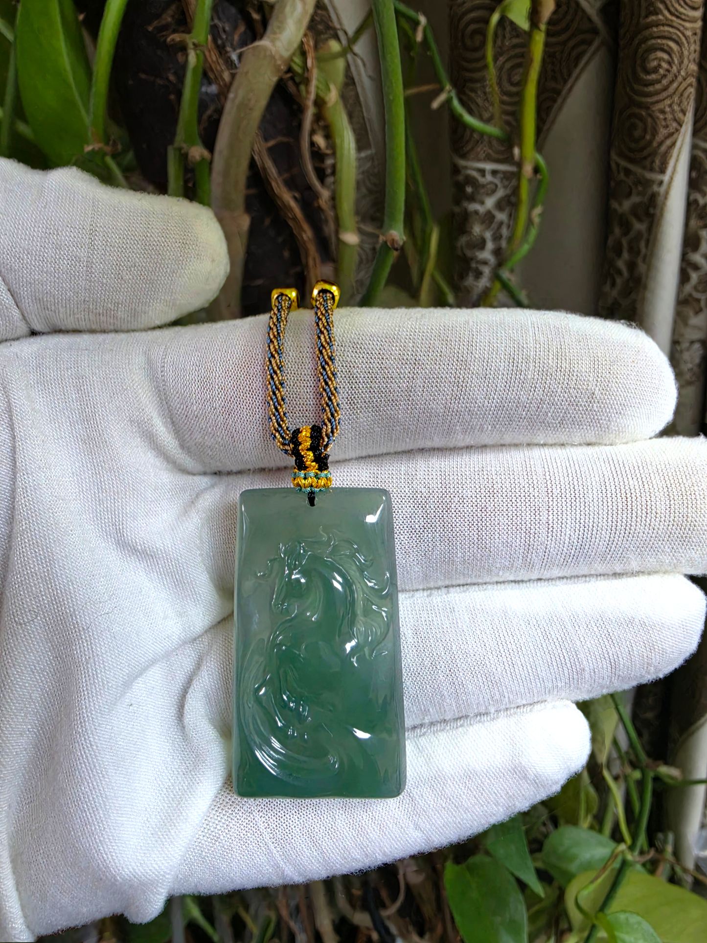 Iwakura Carved Horse Icy Blue Green Burmese A-Jadeite Pendant - Certified