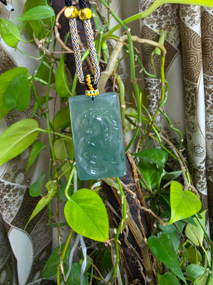 Iwakura Carved Horse Icy Blue Green Burmese A-Jadeite Pendant - Certified