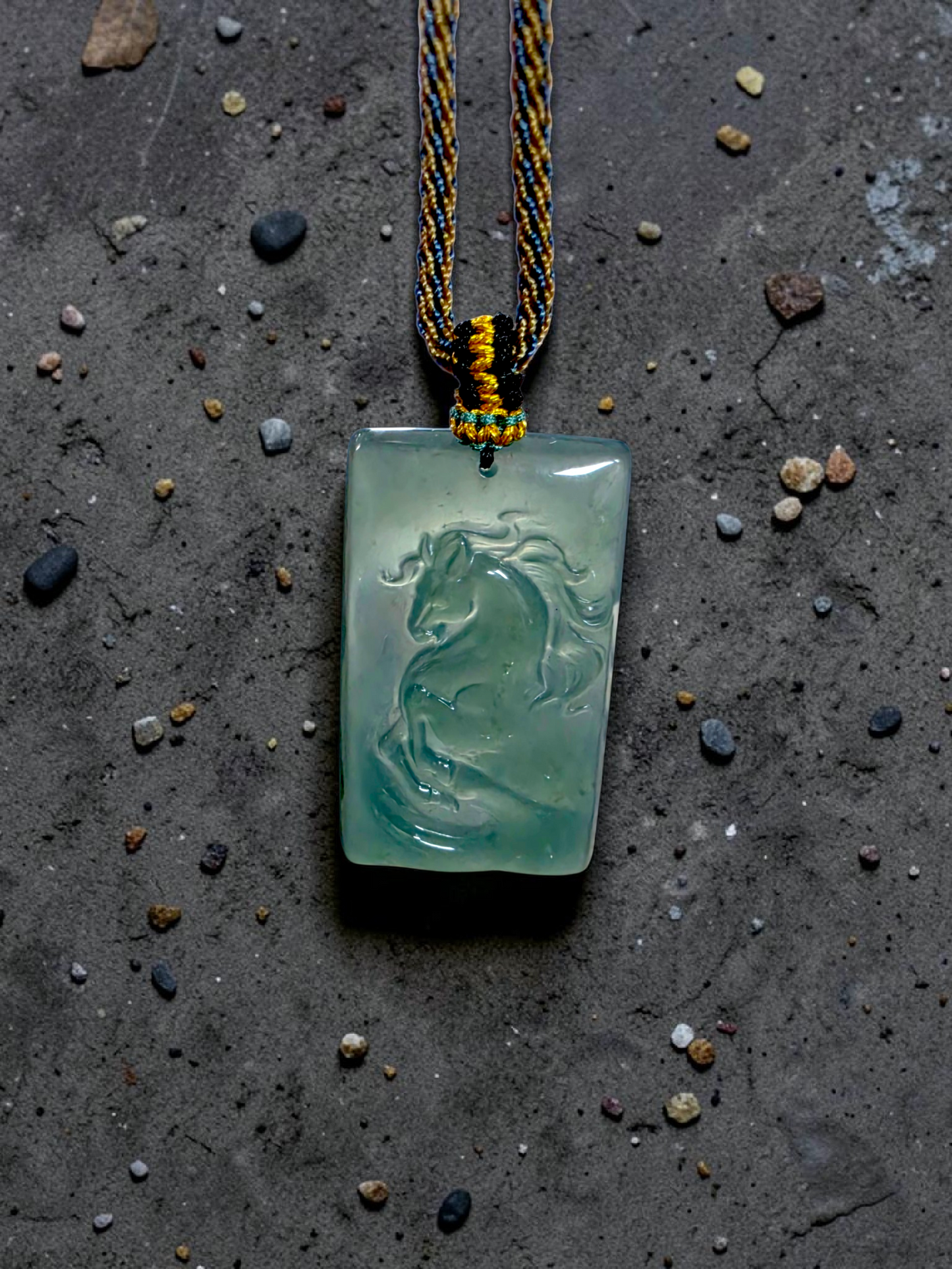 Iwakura Carved Horse Icy Blue Green Burmese A-Jadeite Pendant - Certified