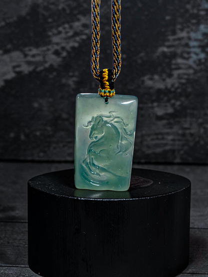 Iwakura Carved Horse Icy Blue Green Burmese A-Jadeite Pendant - Certified