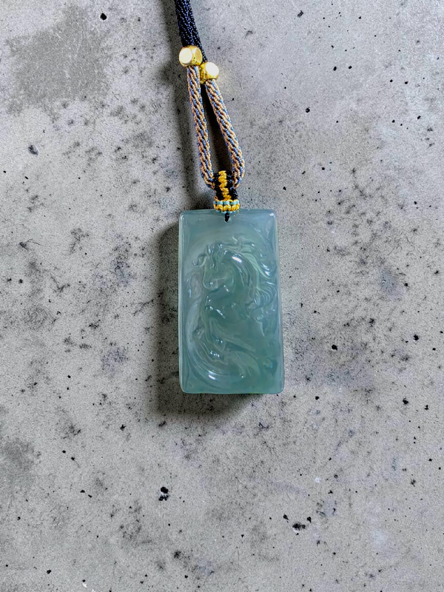 Iwakura Carved Horse Icy Blue Green Burmese A-Jadeite Pendant - Certified