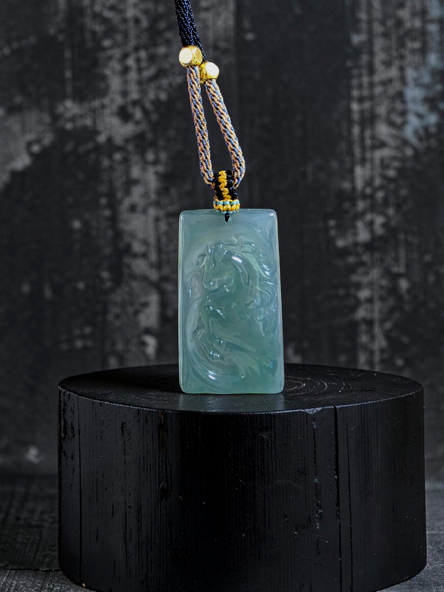Iwakura Carved Horse Icy Blue Green Burmese A-Jadeite Pendant - Certified