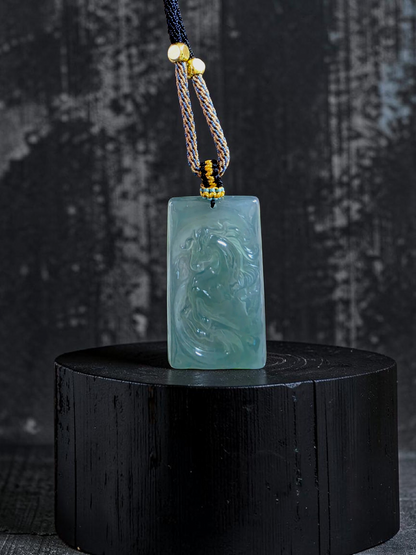 Iwakura Carved Horse Icy Blue Green Burmese A-Jadeite Pendant - Certified